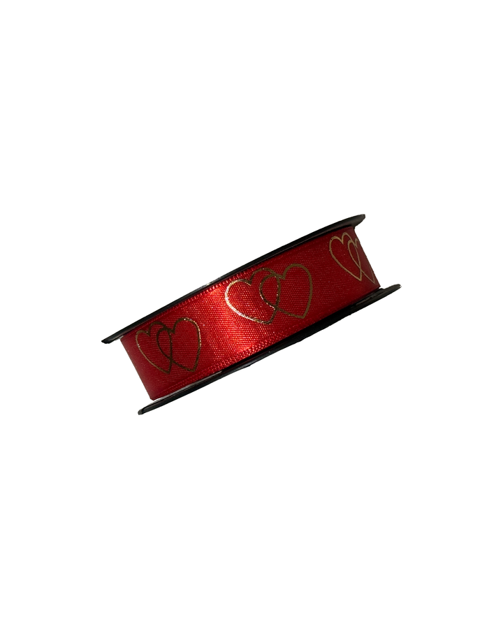 2,5 cm 20 m Kalp Kırmızı Üstü Yaldız Baskılı Saten Kurdele